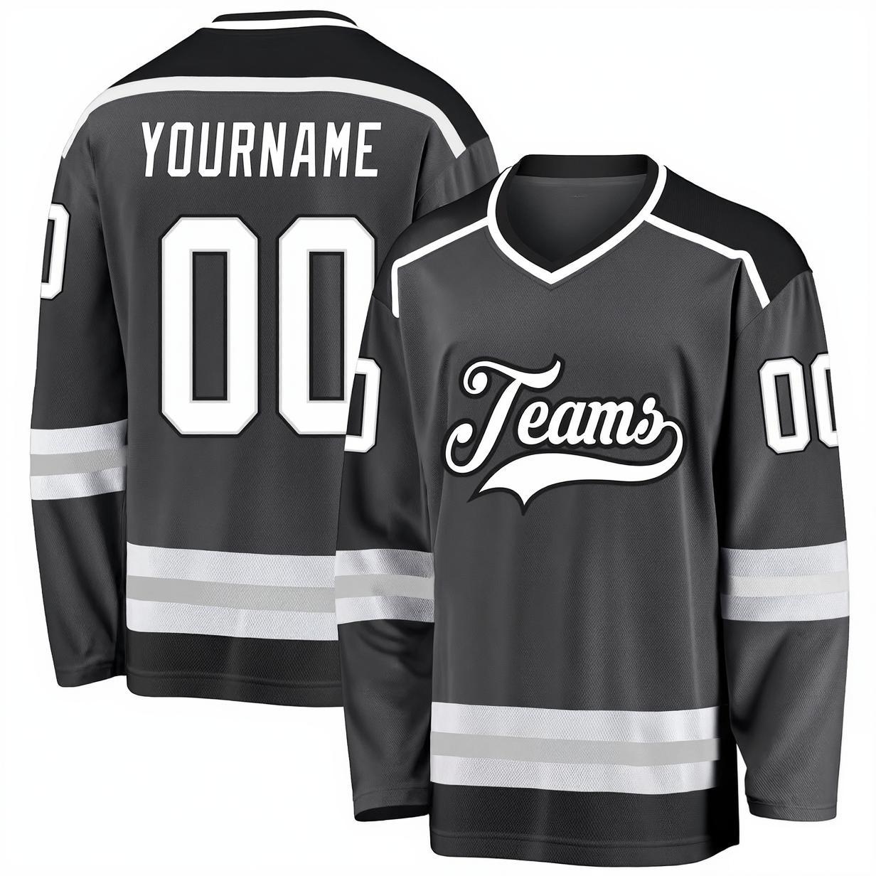Custom Dark Grey & White/Black Hockey Jersey