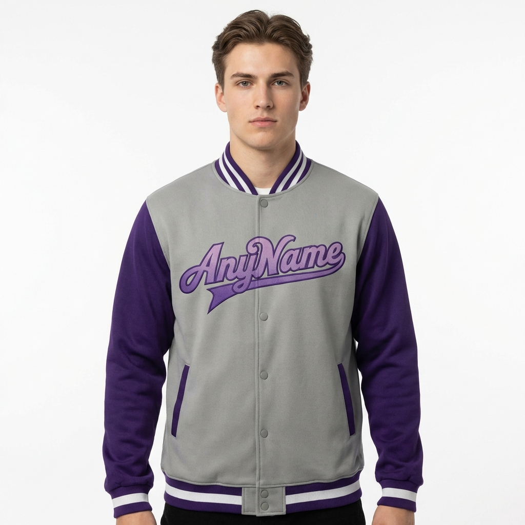 Custom Grey & White/Purple Raglan Sleeves Full-Snap Fleece Jacket