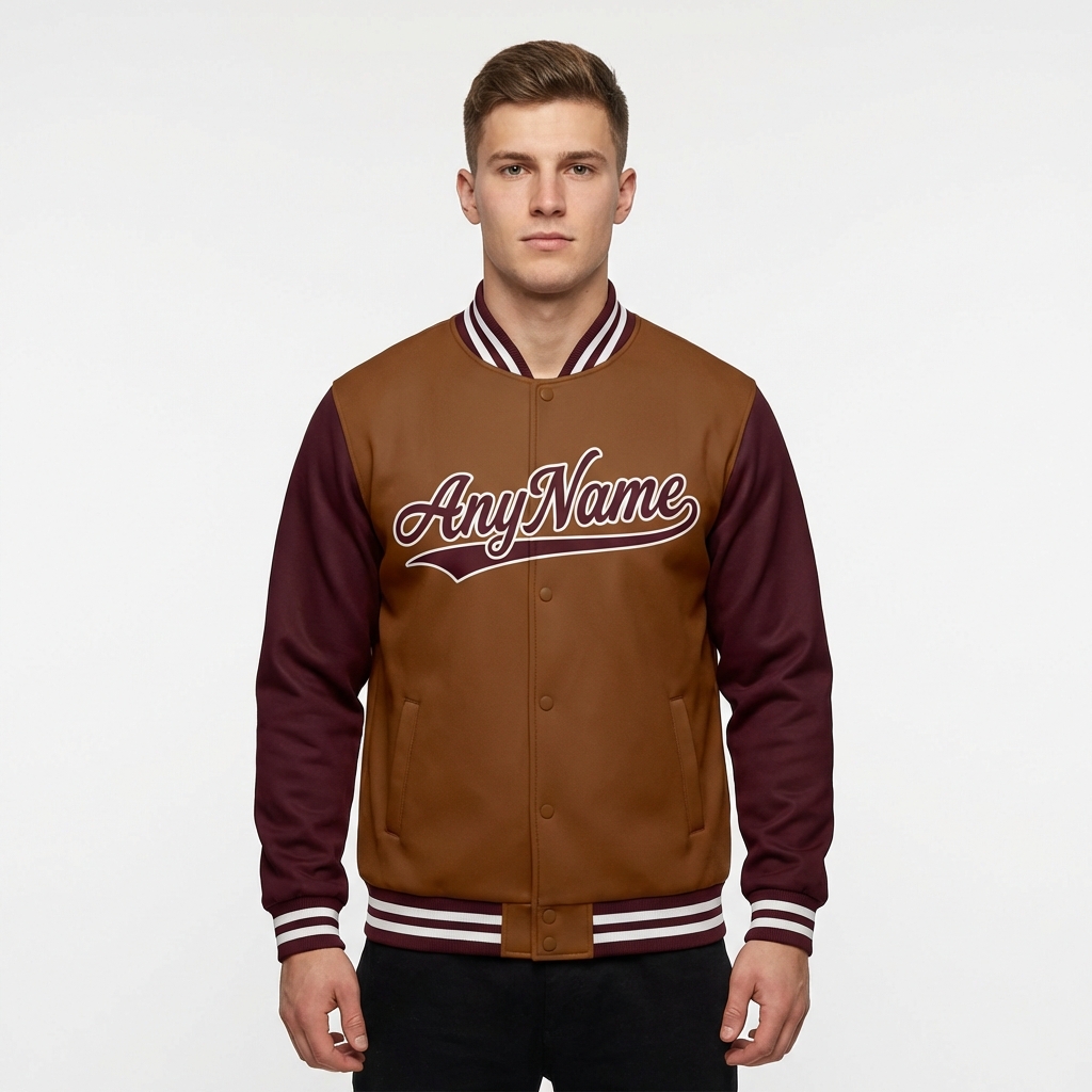 Custom Brown & White/Burgundy Full-Snap Raglan Sleeves Fleece Jacket