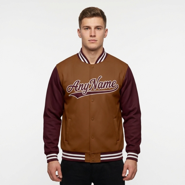 Custom Brown & White/Burgundy Full-Snap Raglan Sleeves Fleece Jacket