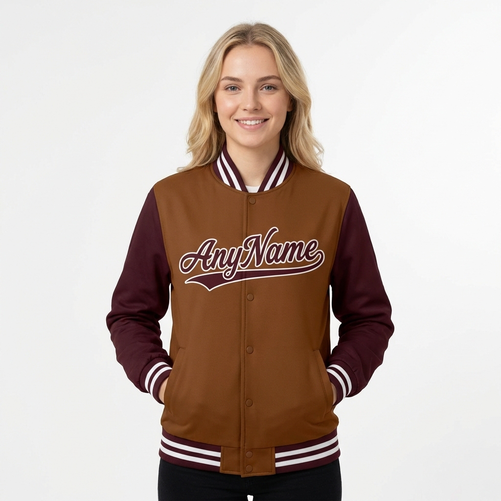 Custom Brown & White/Burgundy Full-Snap Raglan Sleeves Fleece Jacket