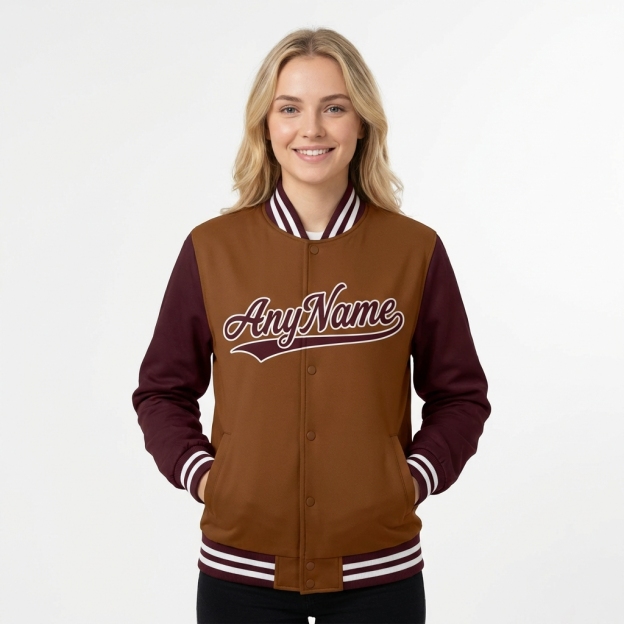 Custom Brown & White/Burgundy Full-Snap Raglan Sleeves Fleece Jacket