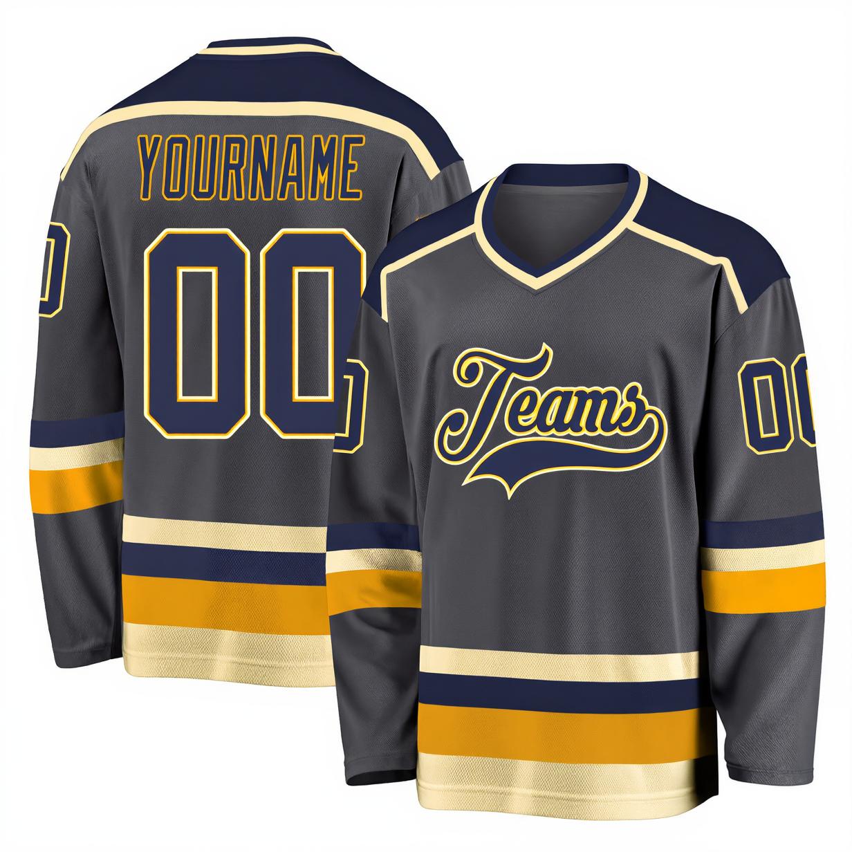 Custom Dark Grey & Purple/Gold-Cream Hockey Jersey