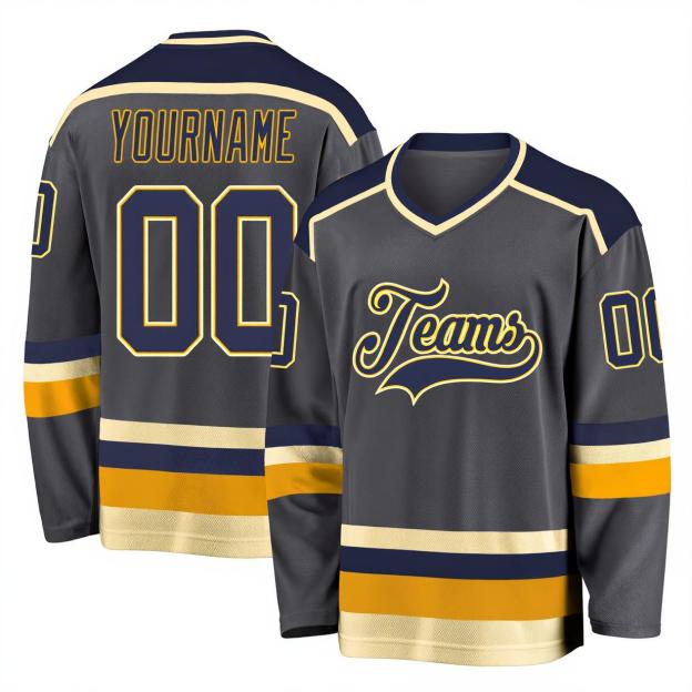 Custom Dark Grey & Purple/Gold-Cream Hockey Jersey