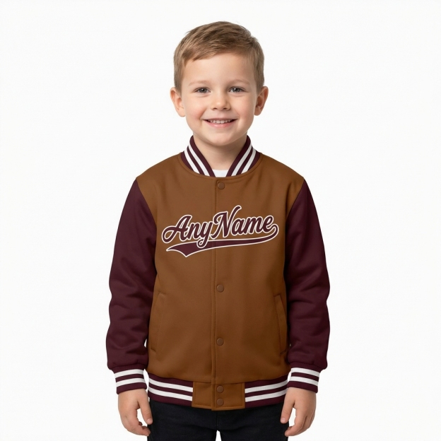 Custom Brown & White/Burgundy Full-Snap Raglan Sleeves Fleece Jacket
