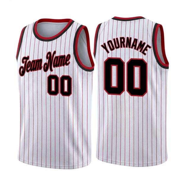 Custom White & Black/Red Pinstripes Basketball City Edition Jersey