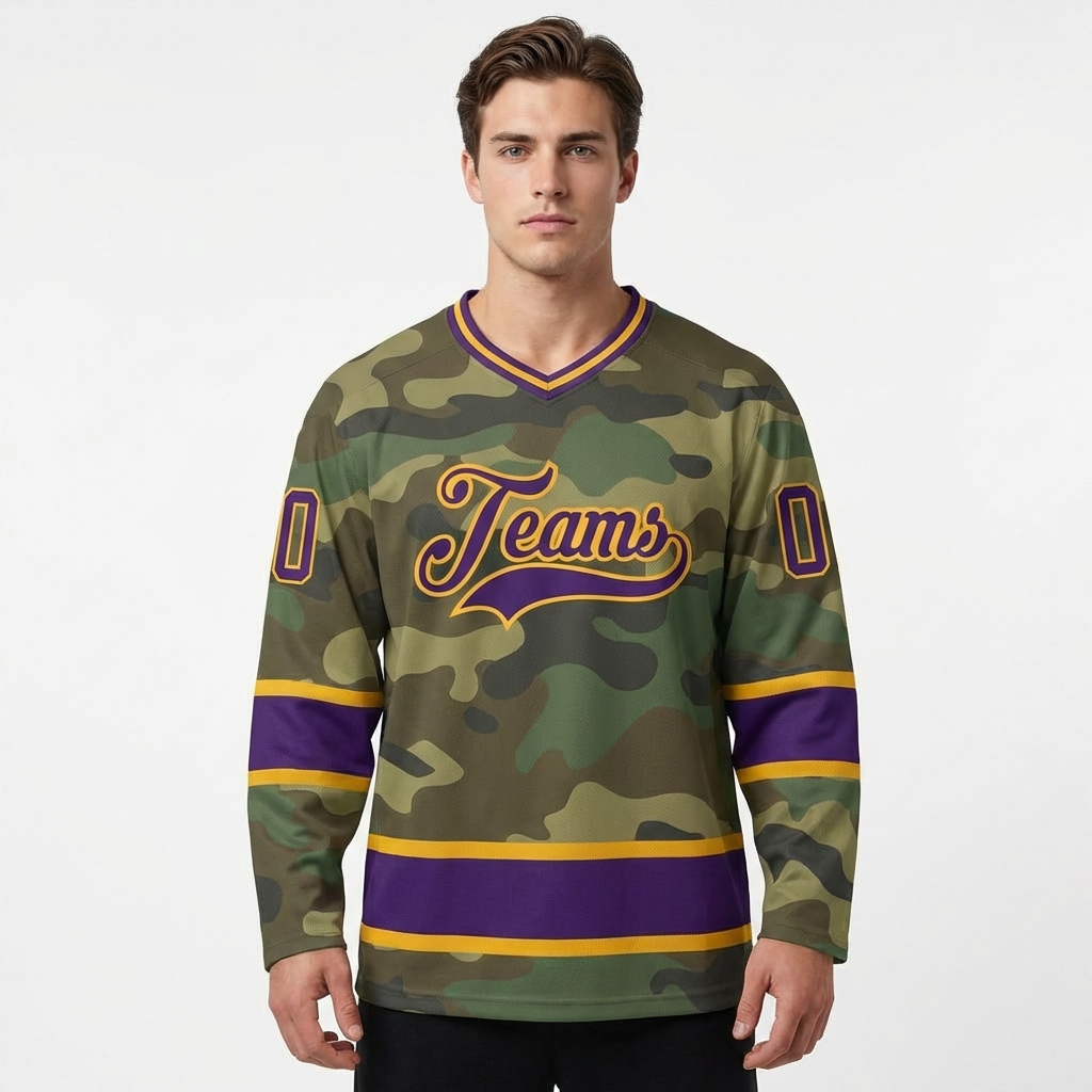 Custom Camo Purple & Yellow Salute To Service Hockey Jersey