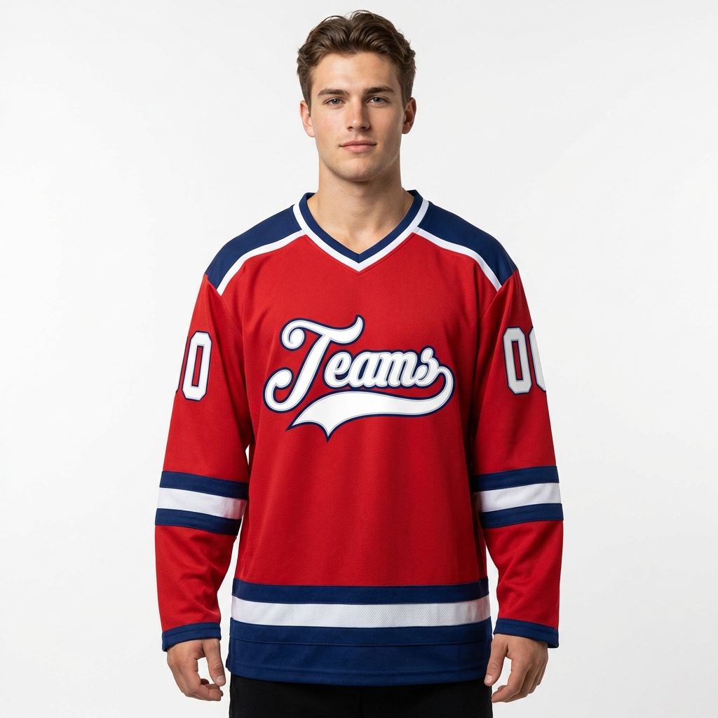 Custom Red & White/Navy Hockey Jersey