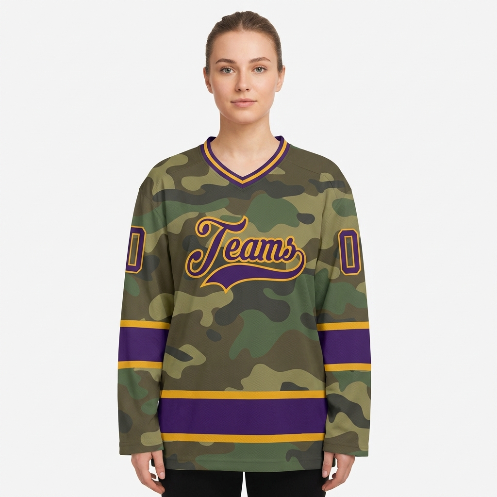 Custom Camo Purple & Yellow Salute To Service Hockey Jersey