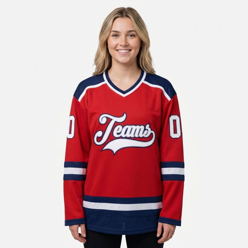 Custom Red & White/Navy Hockey Jersey
