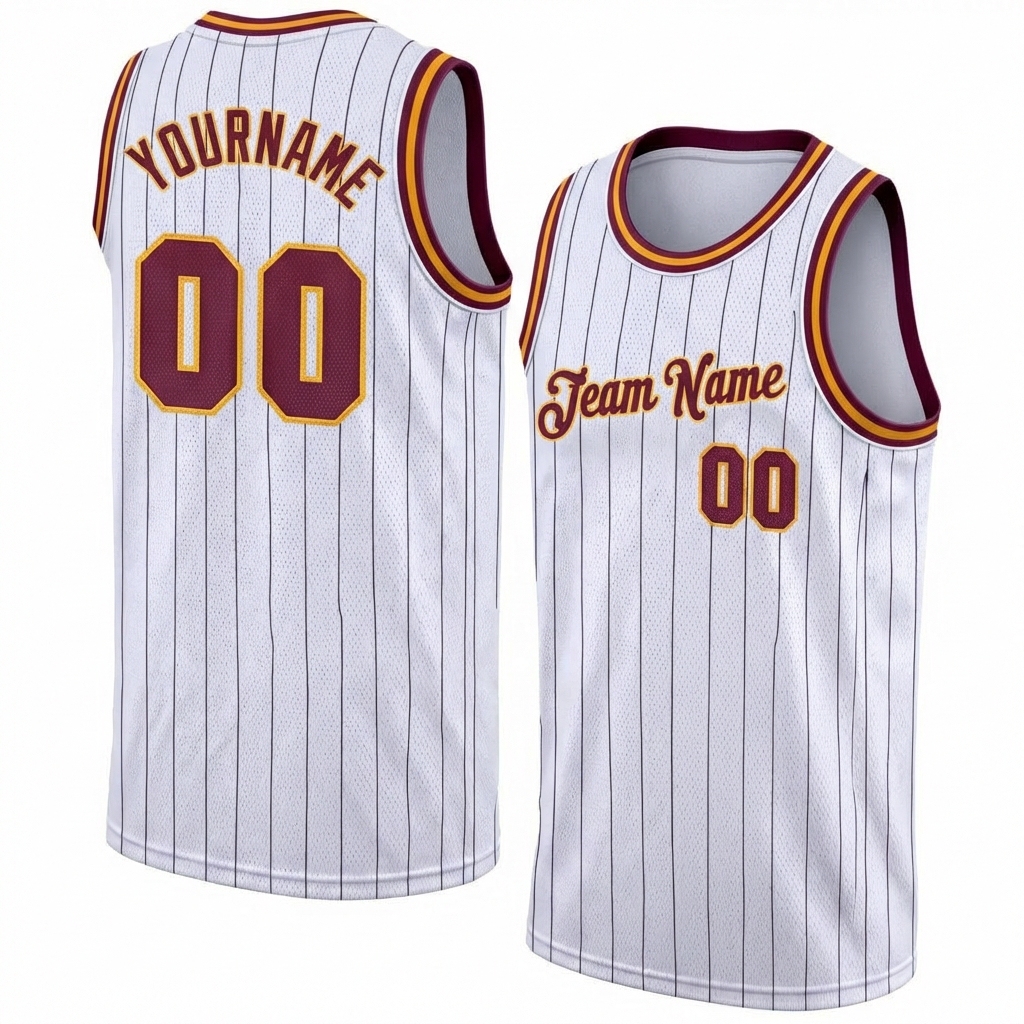 Custom White & Burgundy/Yellow Pinstripes Basketball City Edition Jersey