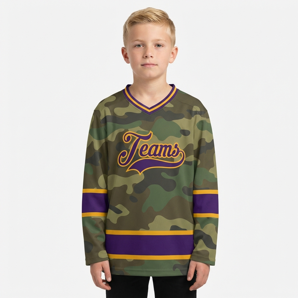 Custom Camo Purple & Yellow Salute To Service Hockey Jersey