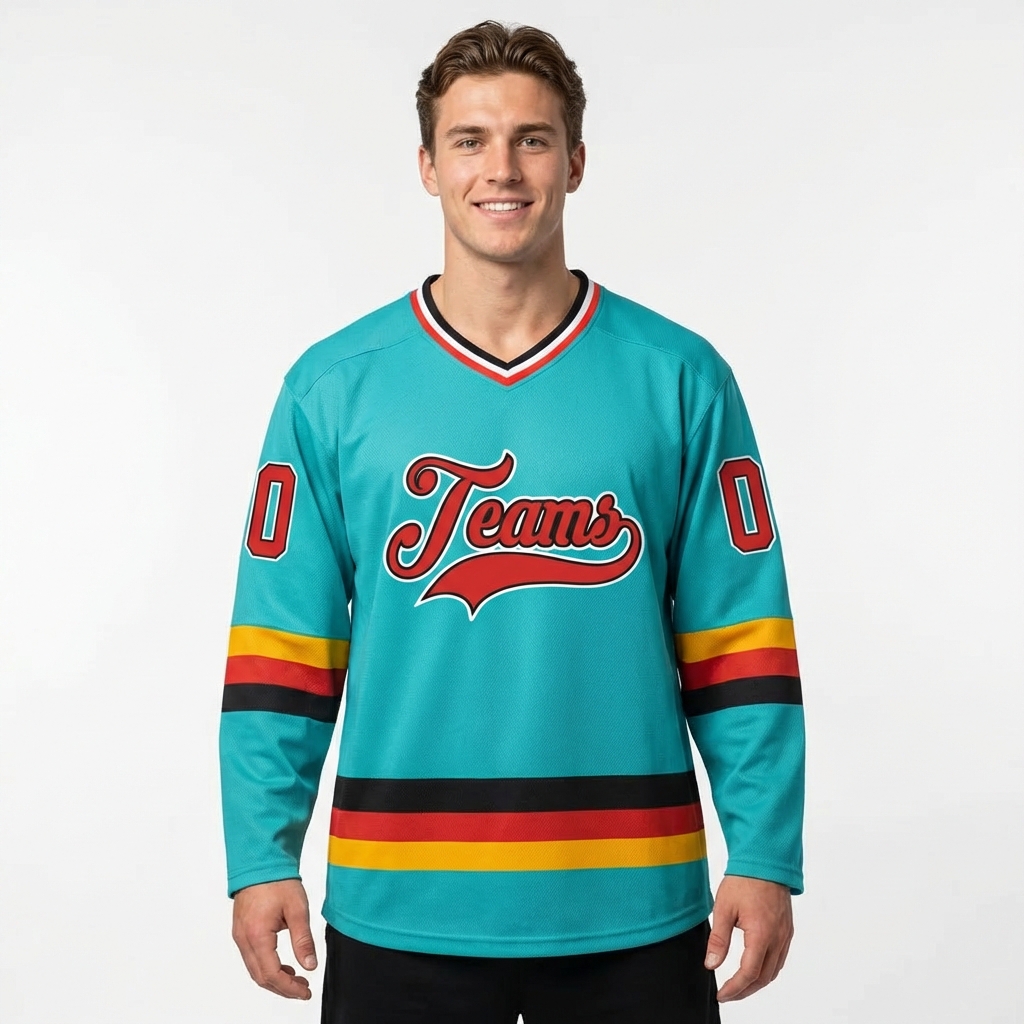 Custom Aqua & Red/Black-White Hockey Jersey