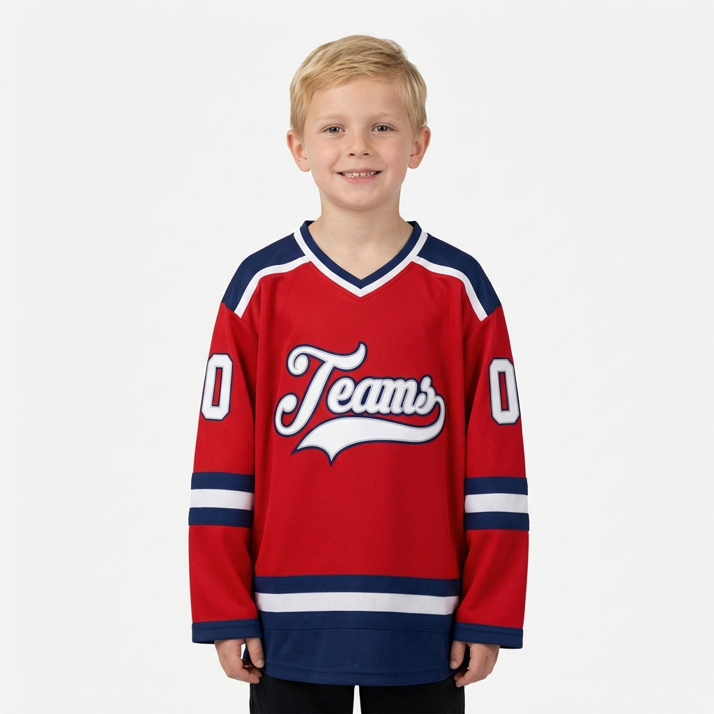 Custom Red & White/Navy Hockey Jersey