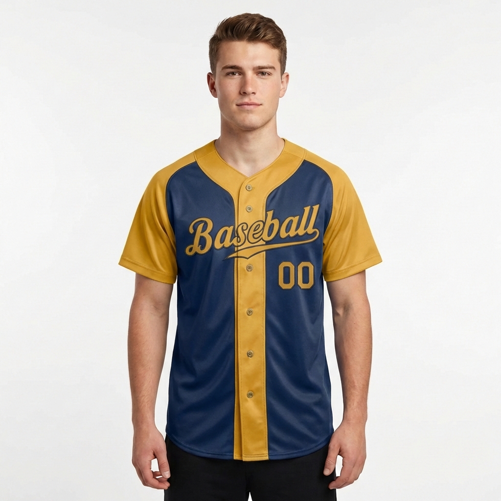 Custom Navy & Yellow Raglan Sleeves Baseball Jersey