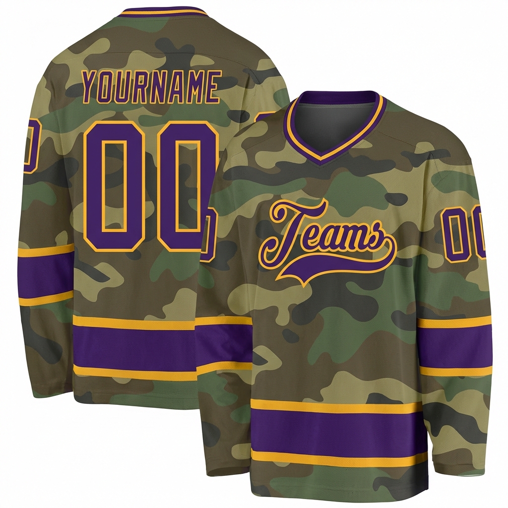 Custom Camo Purple & Yellow Salute To Service Hockey Jersey