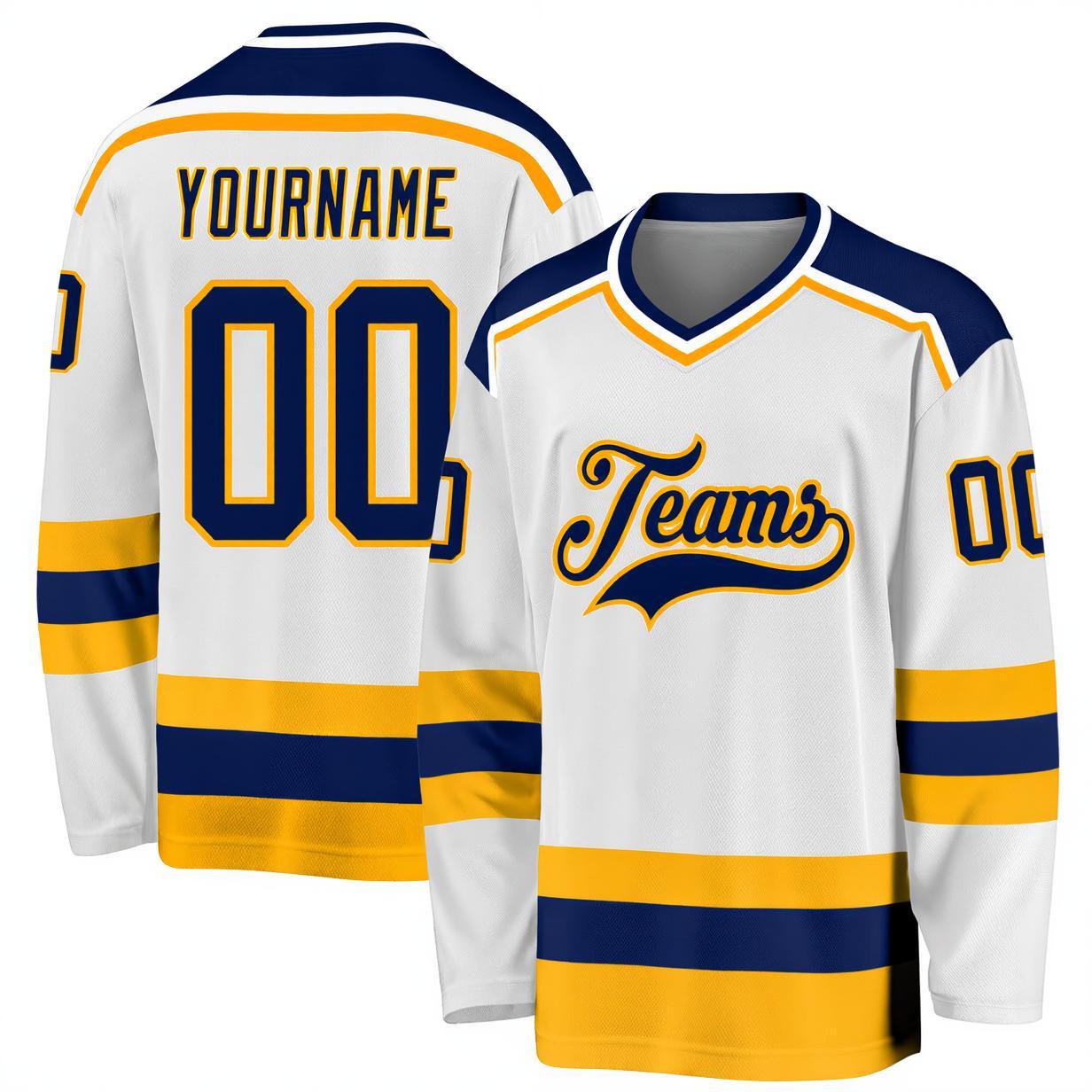 Custom White & Navy/Yellow Hockey Jersey