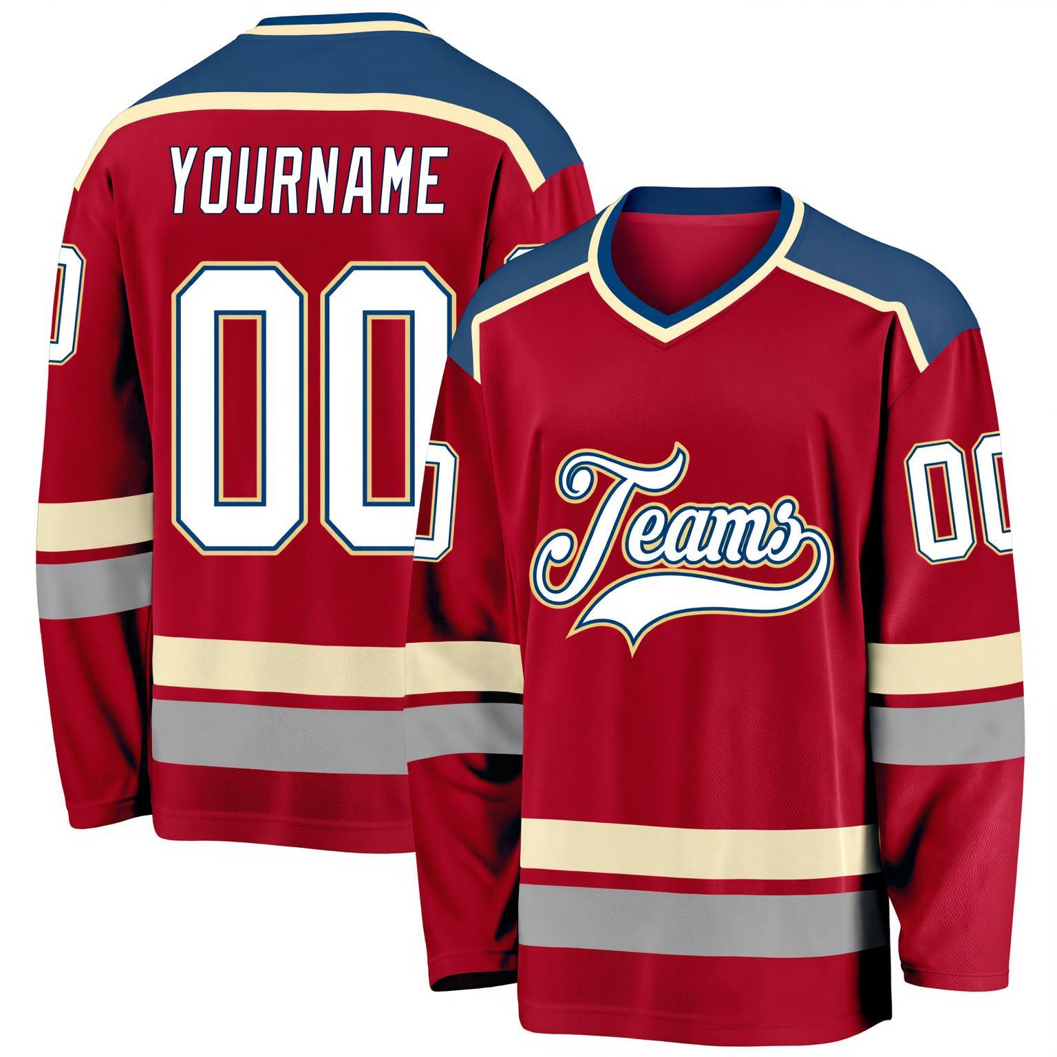 Custom Red & White/Navy-Cream Hockey Jersey