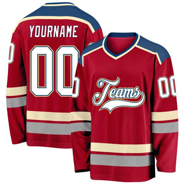 Custom Red & White/Navy-Cream Hockey Jersey