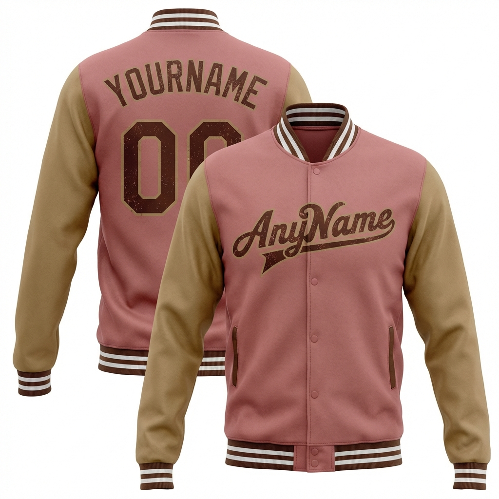 Custom Pink & Burgyndy/Brown Raglan Sleeves Full-Snap Fleece Jacket