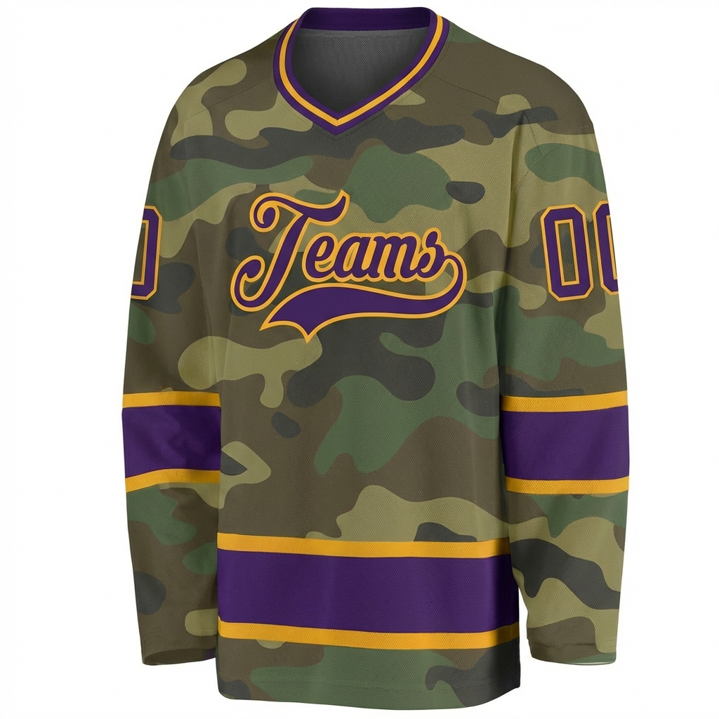 Custom Camo Purple & Yellow Salute To Service Hockey Jersey