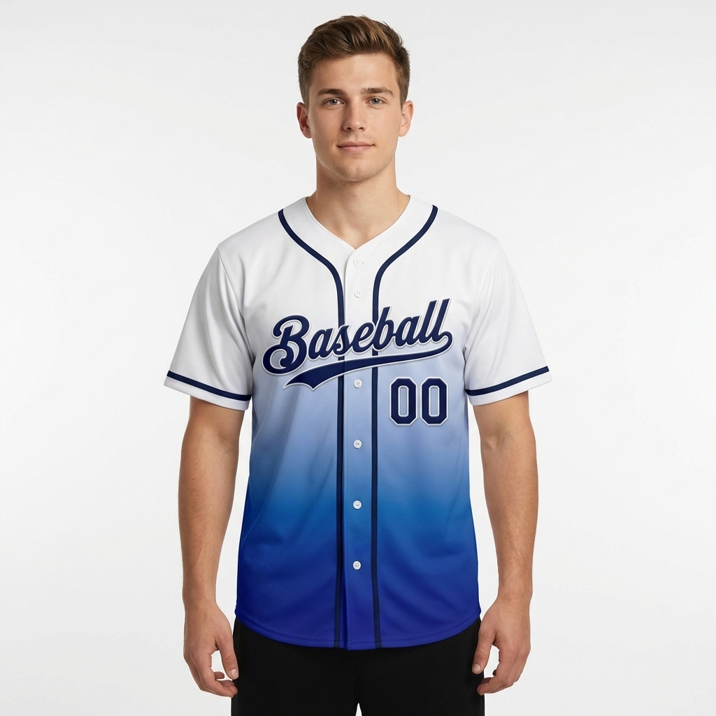 Custom White & Navy/Blue Gradient Baseball Jersey