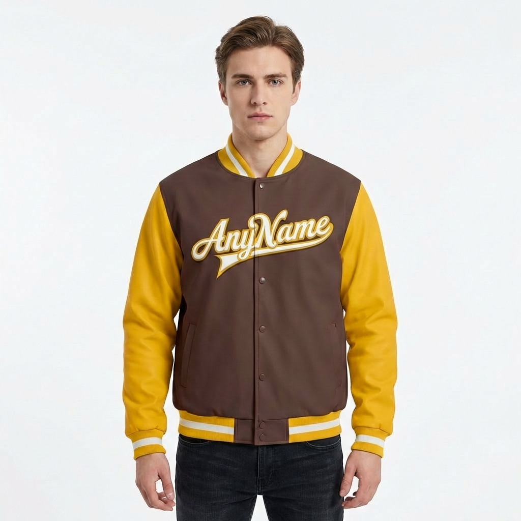 Custom Brown & White/Yellow Full-Snap Raglan Sleeves Fleece Jacket