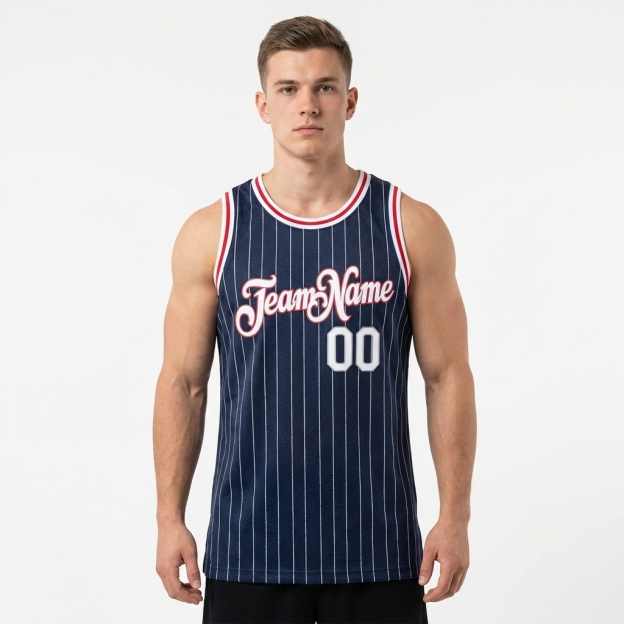 Custom Navy & White/Red Pinstripes Basketball City Edition Jersey