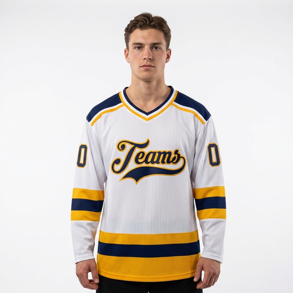 Custom White & Navy/Yellow Hockey Jersey