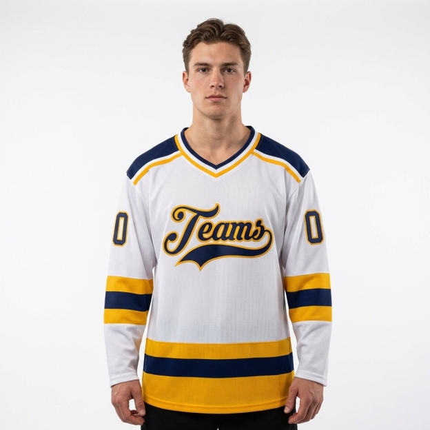 Custom White & Navy/Yellow Hockey Jersey
