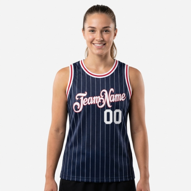 Custom Navy & White/Red Pinstripes Basketball City Edition Jersey