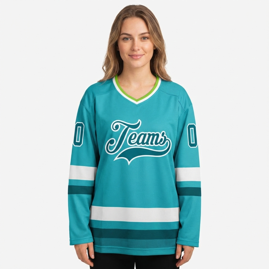 Custom Aqua & Teal/White Hockey Jersey