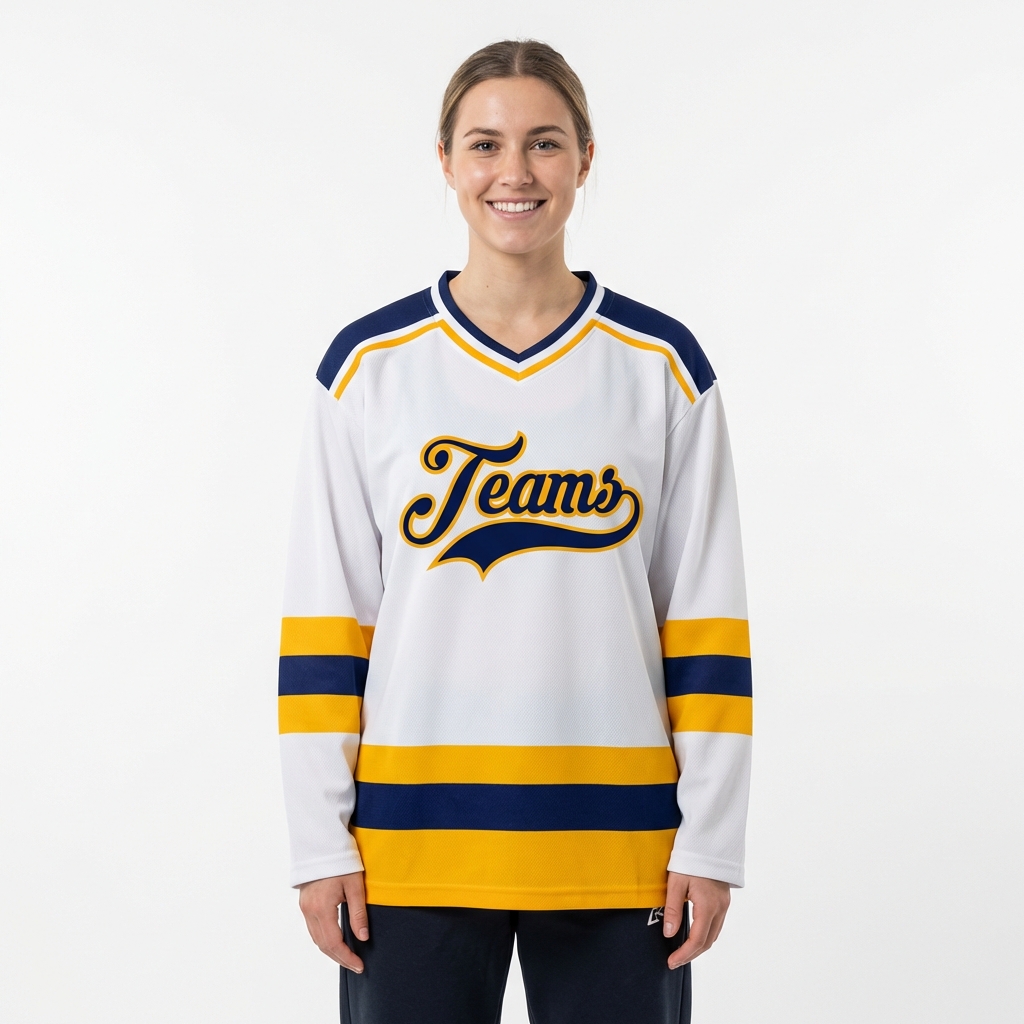 Custom White & Navy/Yellow Hockey Jersey