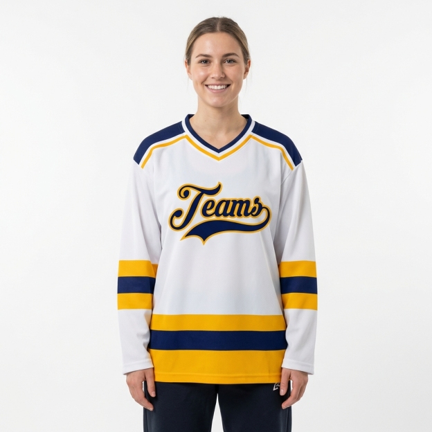 Custom White & Navy/Yellow Hockey Jersey