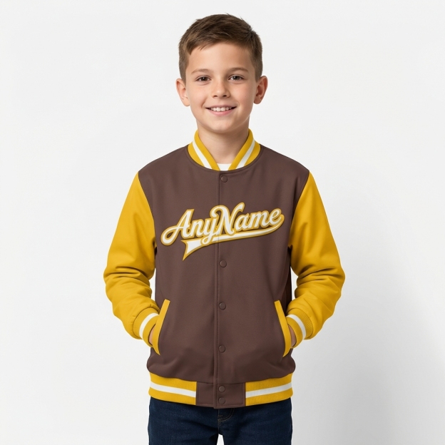 Custom Brown & White/Yellow Full-Snap Raglan Sleeves Fleece Jacket