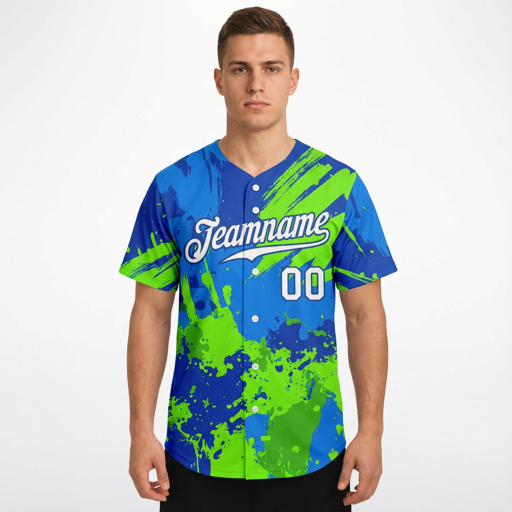 Custom Ink Splashes Green White&Blue Baseball Jersey
