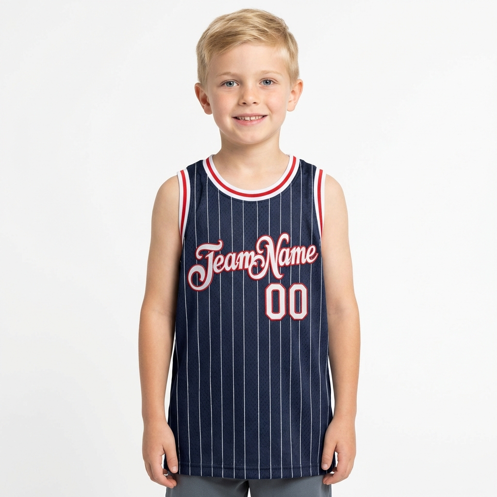 Custom Navy & White/Red Pinstripes Basketball City Edition Jersey