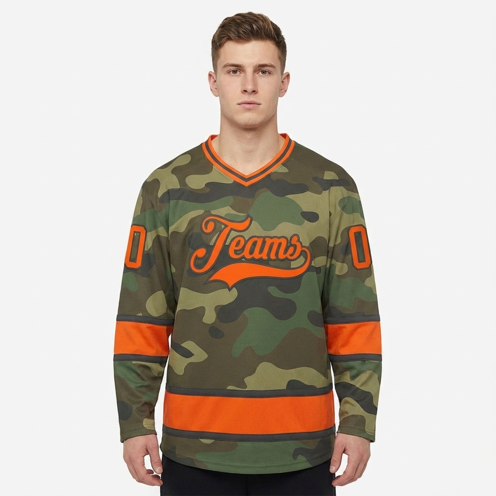 Custom Camo Orange & Black Salute To Service Hockey Jersey
