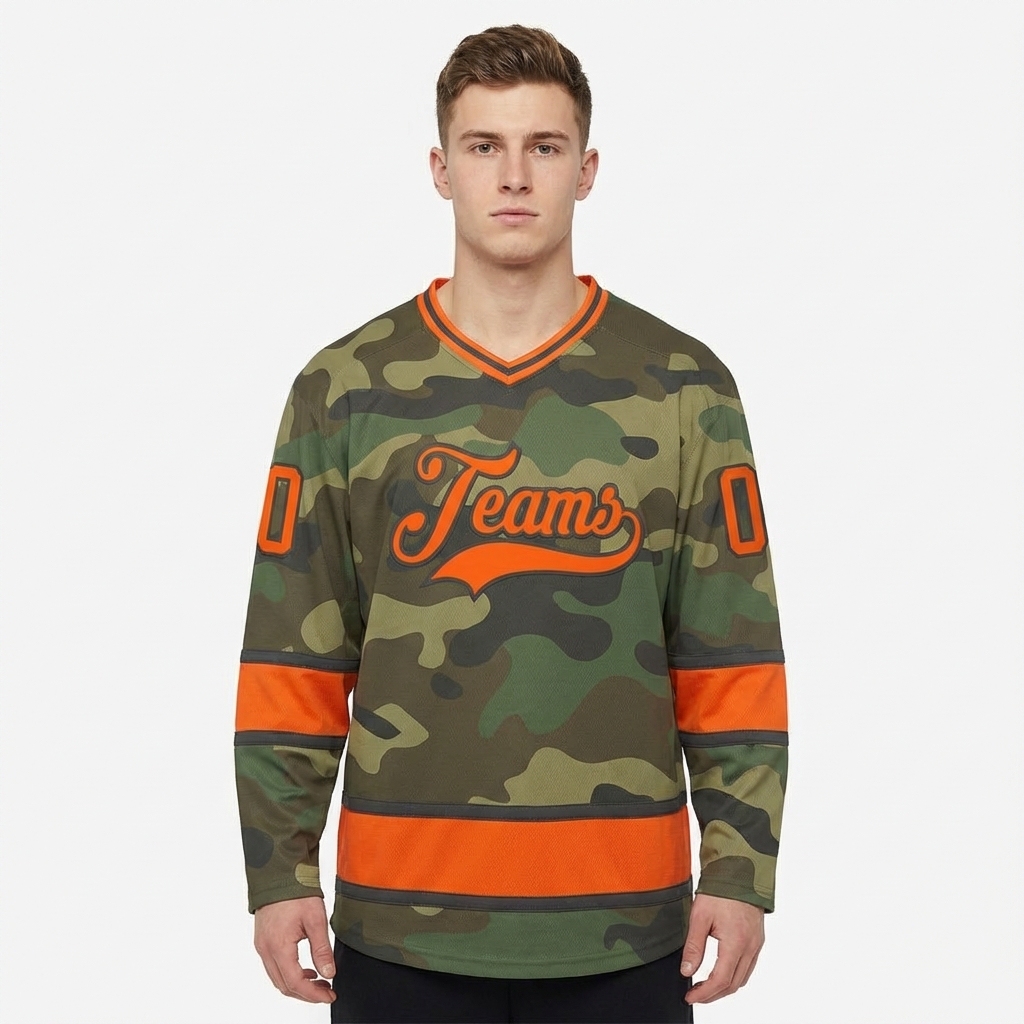 Custom Camo Orange & Black Salute To Service Hockey Jersey