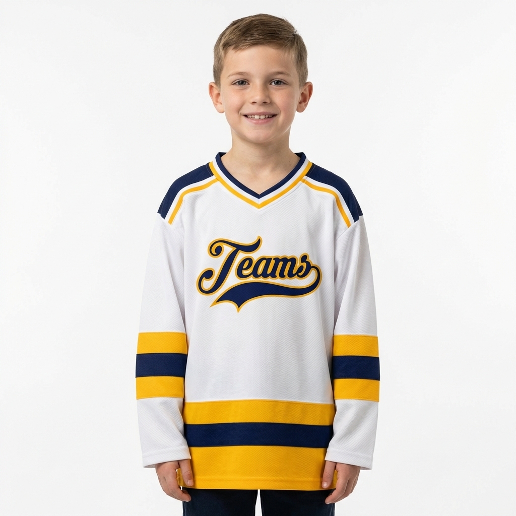 Custom White & Navy/Yellow Hockey Jersey