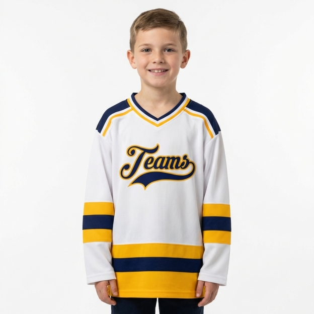 Custom White & Navy/Yellow Hockey Jersey