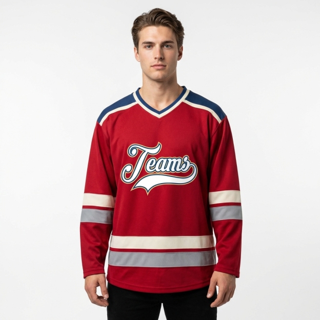 Custom Red & White/Navy-Cream Hockey Jersey