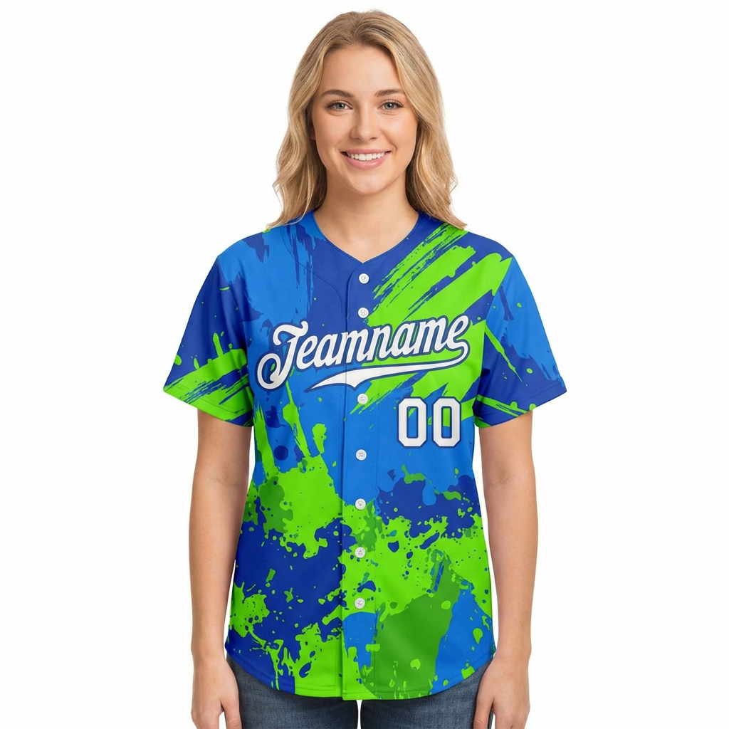 Custom Ink Splashes Green White&Blue Baseball Jersey