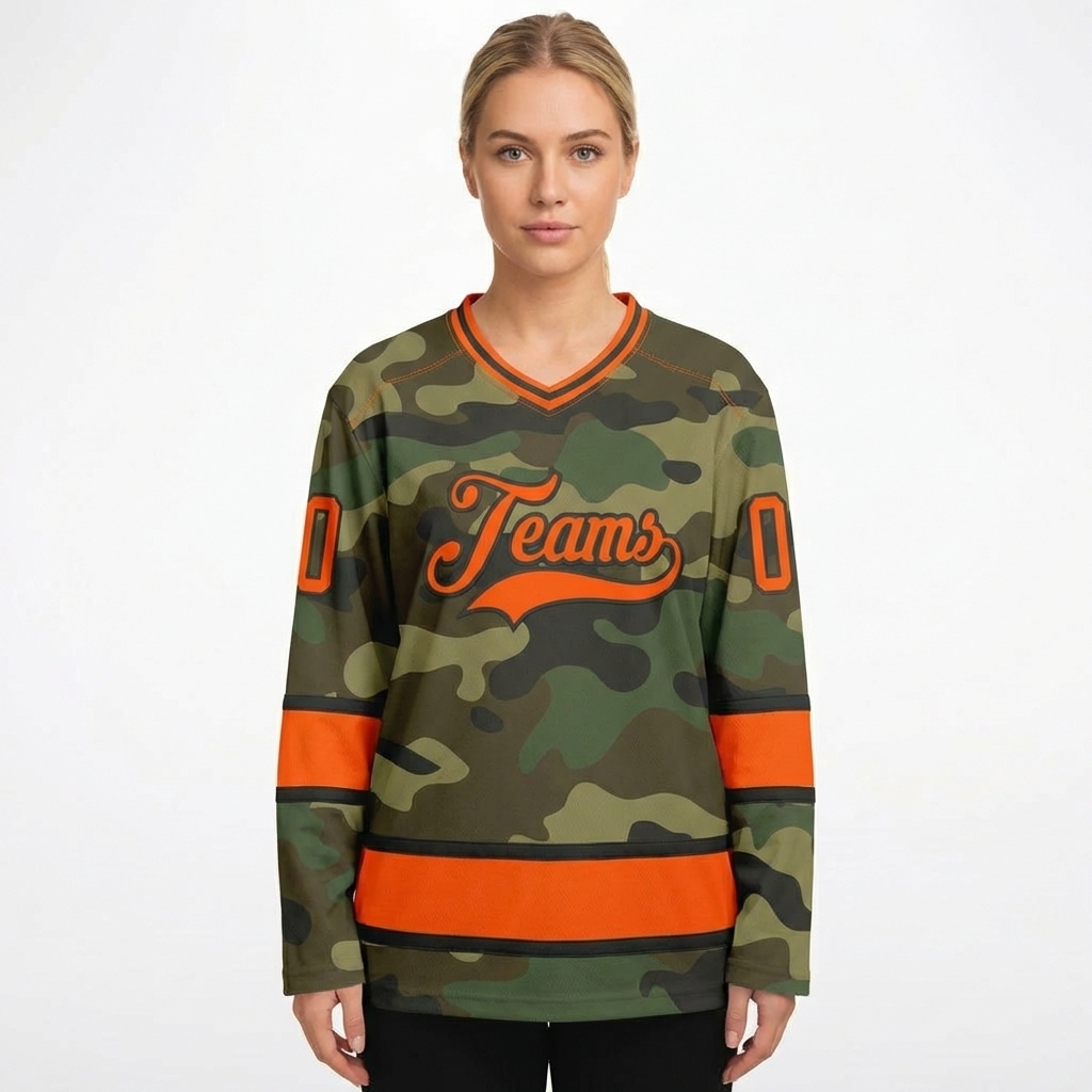 Custom Camo Orange & Black Salute To Service Hockey Jersey