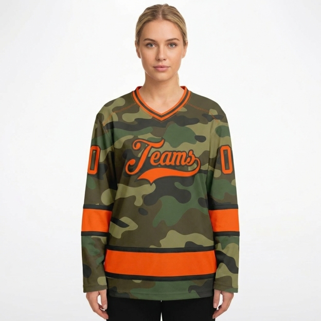 Custom Camo Orange & Black Salute To Service Hockey Jersey