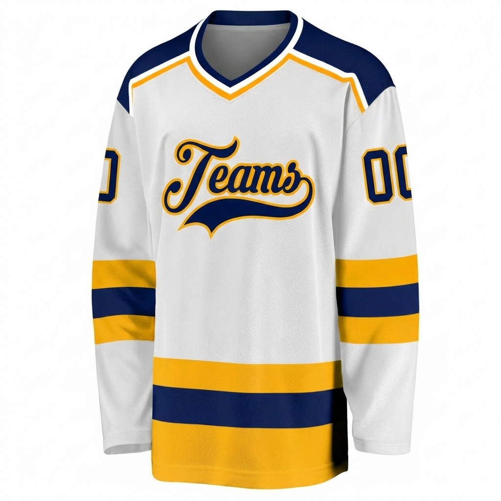Custom White & Navy/Yellow Hockey Jersey