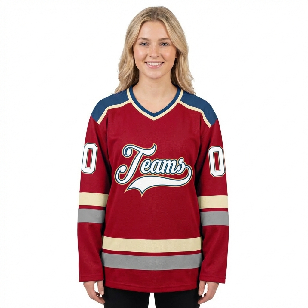Custom Red & White/Navy-Cream Hockey Jersey