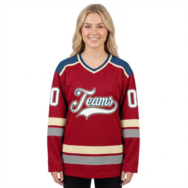Custom Red & White/Navy-Cream Hockey Jersey
