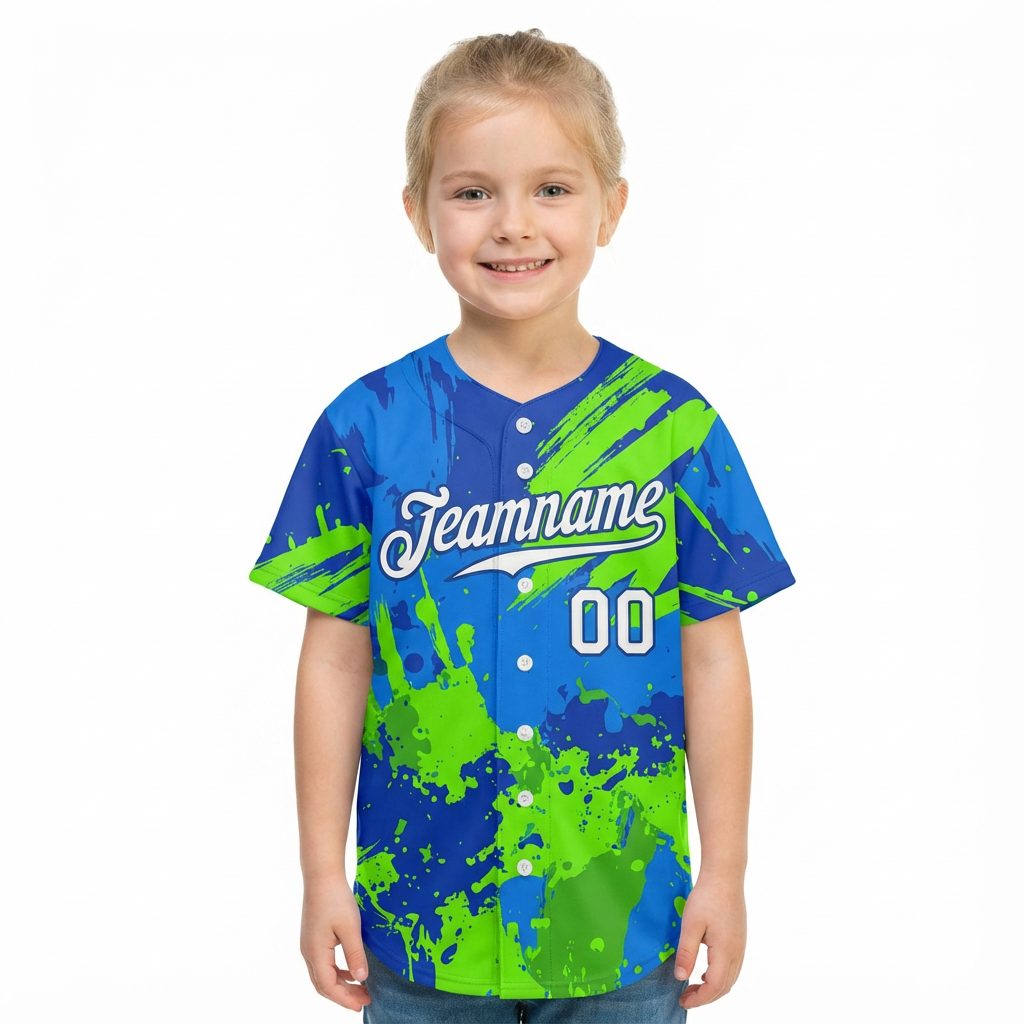 Custom Ink Splashes Green White&Blue Baseball Jersey