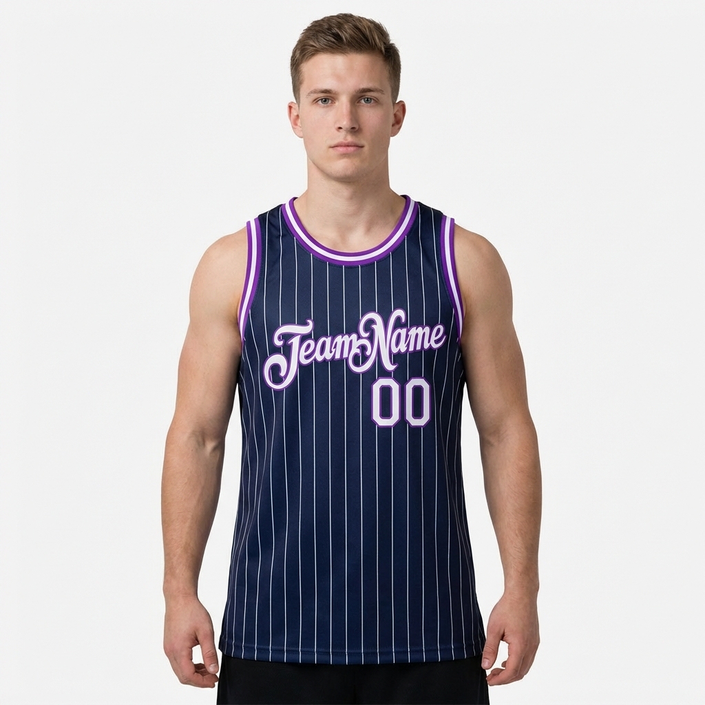 Custom Navy & White/Purple Pinstripes Basketball City Edition Jersey